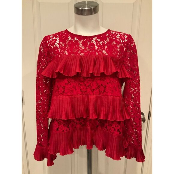J. Crew Red Floral Lace & Pleated Ruffle Top Long Sleeve Shirt, Size 6 - Picture 1 of 8